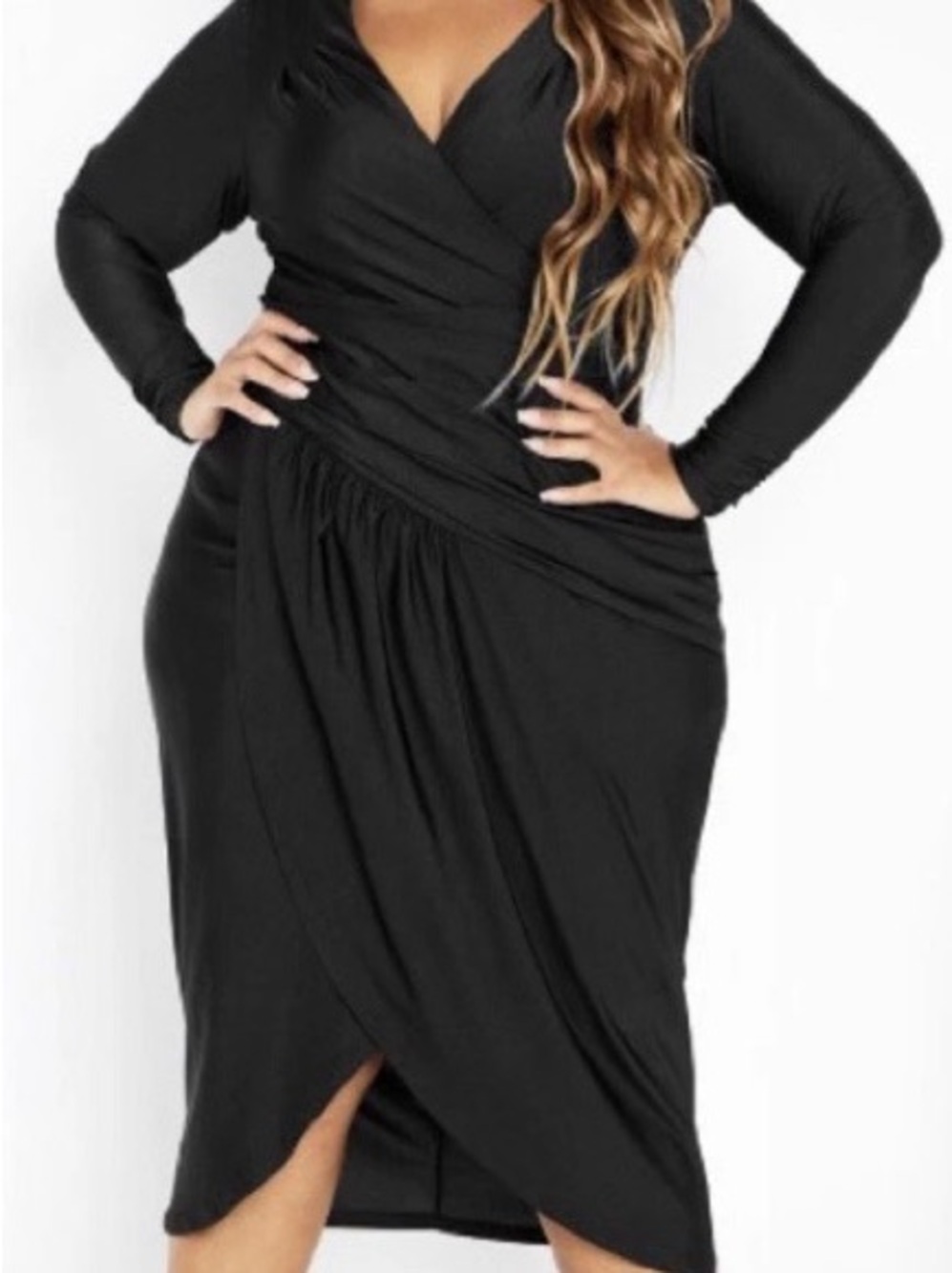 City Chic Black Wrap Midi Dress with Long Sleeves